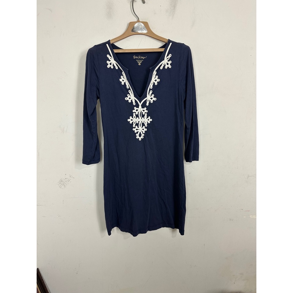 Lilly Pulitzer Navy Pima Cotton Marina Embroidered V-Neck Shift Dress M